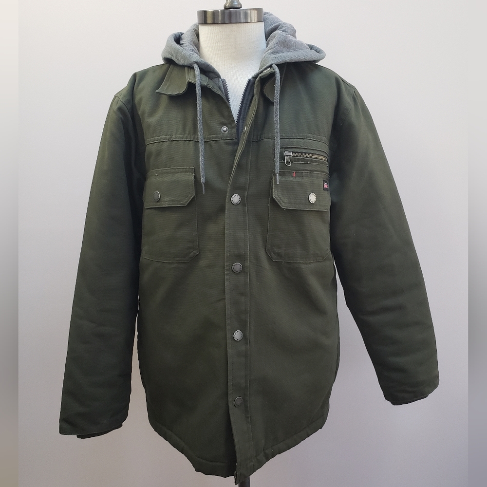 Dickies Green Insulated Cotton Canvas Jacket With Gray Hood, Size Small